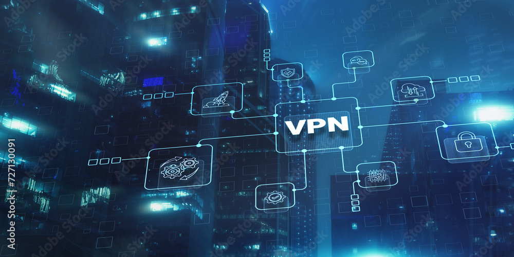 VPN Virtual Private network protocol. Business, Technology, Internet. Cyber security and privacy connection on city background VPN Virtual Private network protocol. Business, Technology, Internet. Cyber security and privacy connection on city background