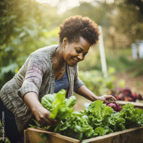 lifestyle photo African American picking veggies from a garden.
