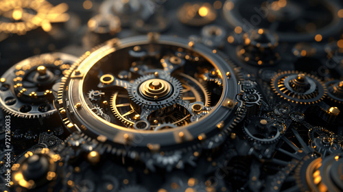 An intriguing and visually stunning 3D rendered abstract clockwork artwork that embodies the concept of time and motion.