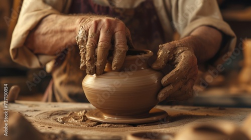 Craftsmanship at its finest: a potter's hands, caked with clay, skillfully shape a spinning pot on a potter's wheel, capturing the age-old art of pottery.