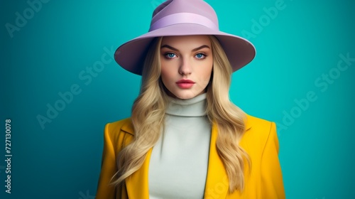 A young woman wearing purple hat and yellow coat

