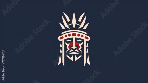 Vector Logo of a Stylized Native American Chief Head with Headdress. Minimalist Mascot Emblem for Sports Team or Branding Design. Cream and Red on Dark Blue Background.