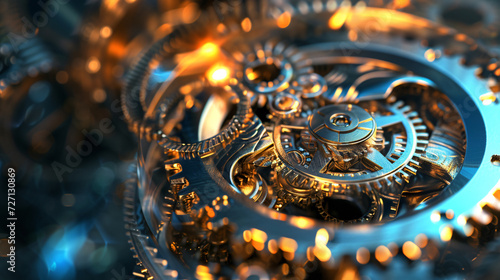 A mesmerizing 3D rendered image of an abstract clockwork mechanism. The intricate gears and cogs are beautifully designed, highlighting the precision and complexity of timekeeping. This stun © stocker