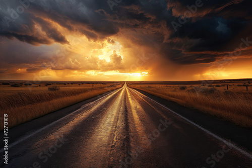 The car on the road at sunset under a stormy sky.