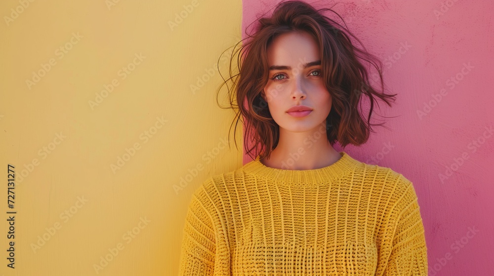 Fototapeta premium Portrait of a young woman with dark hair wearing a yellow sweater, against a pink and yellow background