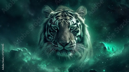 A majestic white tiger's face superimposed on a mystical green nebula background, creating a surreal and captivating image