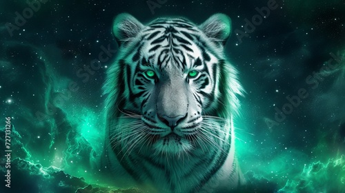 A digital artwork of a white tiger with green eyes set against a cosmic green nebula background © Asma