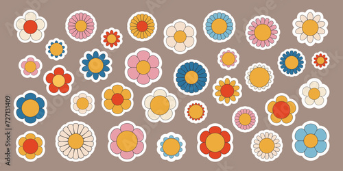 Groovy flower sticker set. Collection of different colorful funny cartoon flowers. Vector illustration.