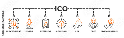ICO banner web icon vector illustration concept of initial coin offering with icon of crowdfunding, startup, investment, blockchain, risk, trust and cypto currency