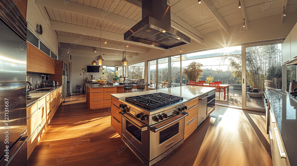 image of a modern kitchen, stainless steel appliances, clean lines, bright, functional, mirrorless, fisheye lens, morning, architectural photography