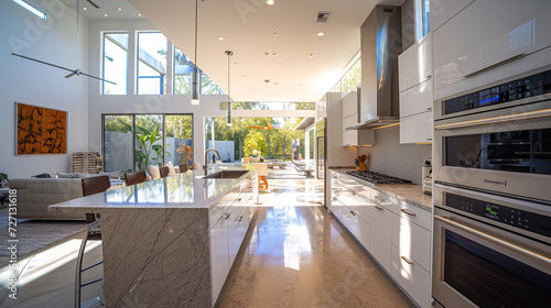 image of a modern kitchen, sleek, stainless steel appliances, marble countertops, bright, mirrorless, fisheye lens, afternoon, high contrast