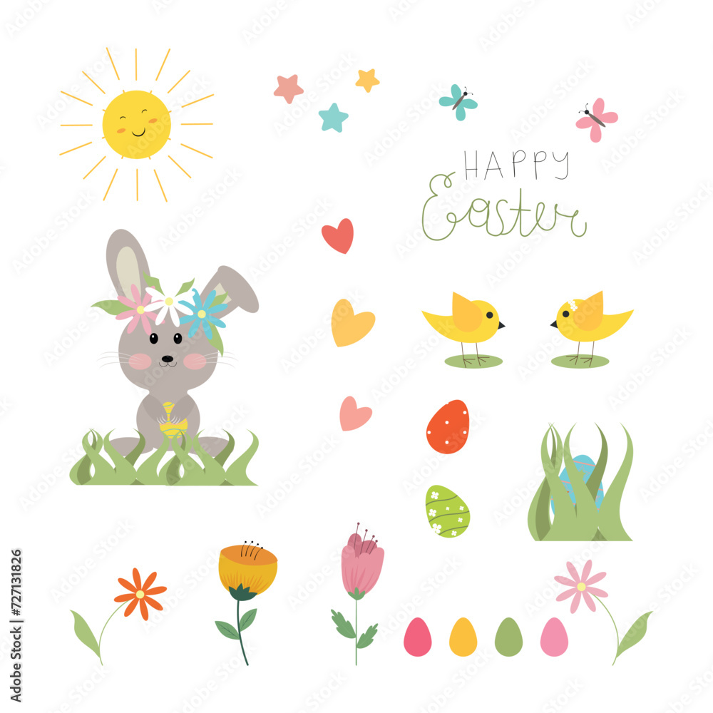 Web Cute Easter bunnies chicks spring flowers butterflies grass sun drawn text on a white background.