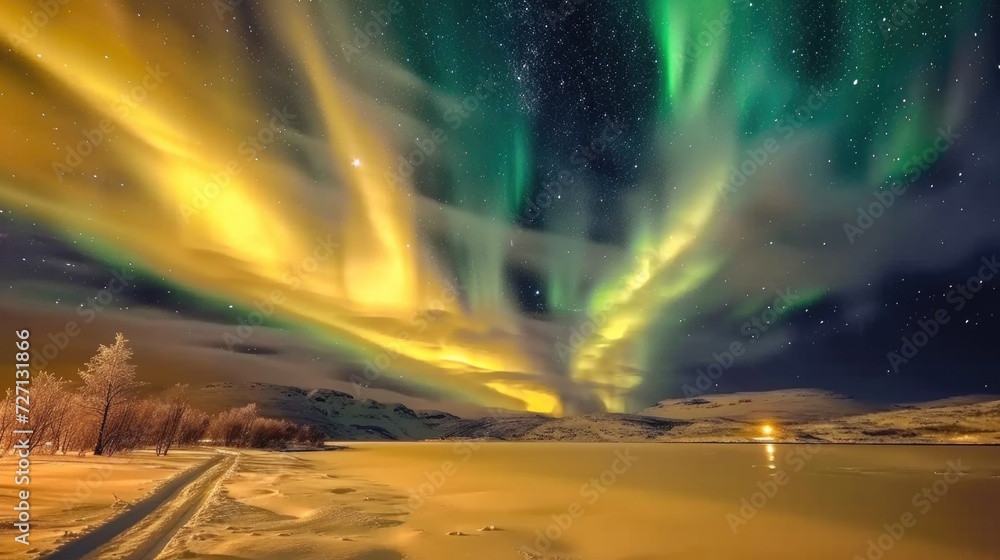 golden northern lights, wide-angle photography, high definition.
