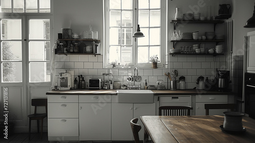 A Scandinavian kitchen, functional, white space, wooden details, simplistic, mirrorless, macro lens, morning, clean, Ilford Delta photo