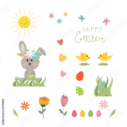 Web Cute Easter bunnies chicks spring flowers butterflies grass sun drawn text on a white background. © Наташа Пономаренко
