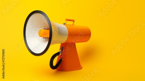 Close-up of an orange megaphone on a yellow background with a copy space.