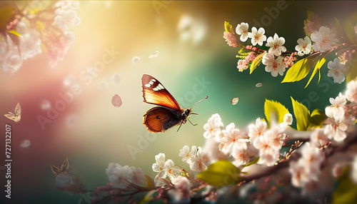 Panoramic Design of Flowering Cherry Branches and Fly Butterfly on a Sunny Spring Garden Background with copy space- Easter Springtime Concept. Generative AI. © mfz