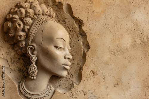 A sandstone relic carved with delicate precision, portraying a black woman with her afro adorned with traditional jewels, 