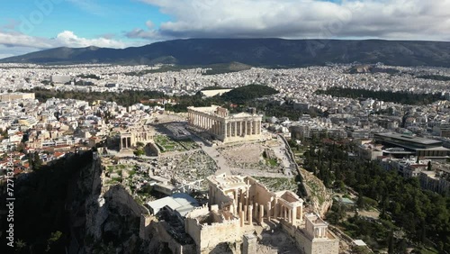 Acropolis in Greece, Parthenon in Athens aerial view, famous Greek tourist attraction, Ancient Greece landmark drone view - sigthseeing destination Unesco Heritage world in Atene  photo