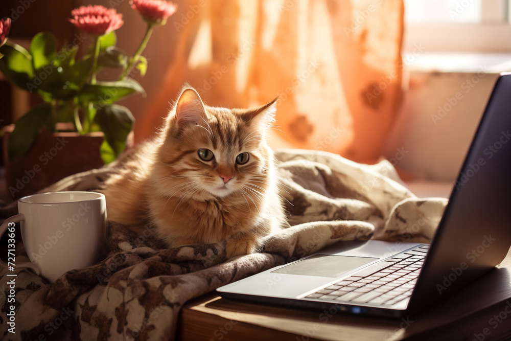 A cute cat lies on the desktop on which there is a laptop, a plant, a cup, a diary. Generative AI