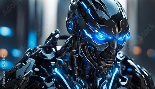 A sleek, black cyborg with glowing blue lights in its eyes and chest. The cyborg is built for combat, with powerful limbs and armor. The blue lights in its eyes allow it to see in the dark  photo