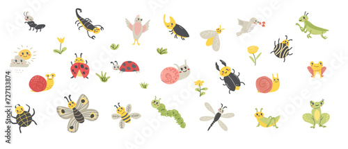 Cute cartoon animals and insects bugs, butterfly, birds, frog. Vector illustration isolated. Beetle bugs, Ladybird, caterpillar, snail and other animals. Big set of cartoon characters with flower and
