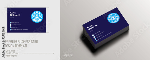 Vector business card design with color background and circle logo, visiting card template, cutaway mockup, calling card ready for printing, identification card with icons for contact information