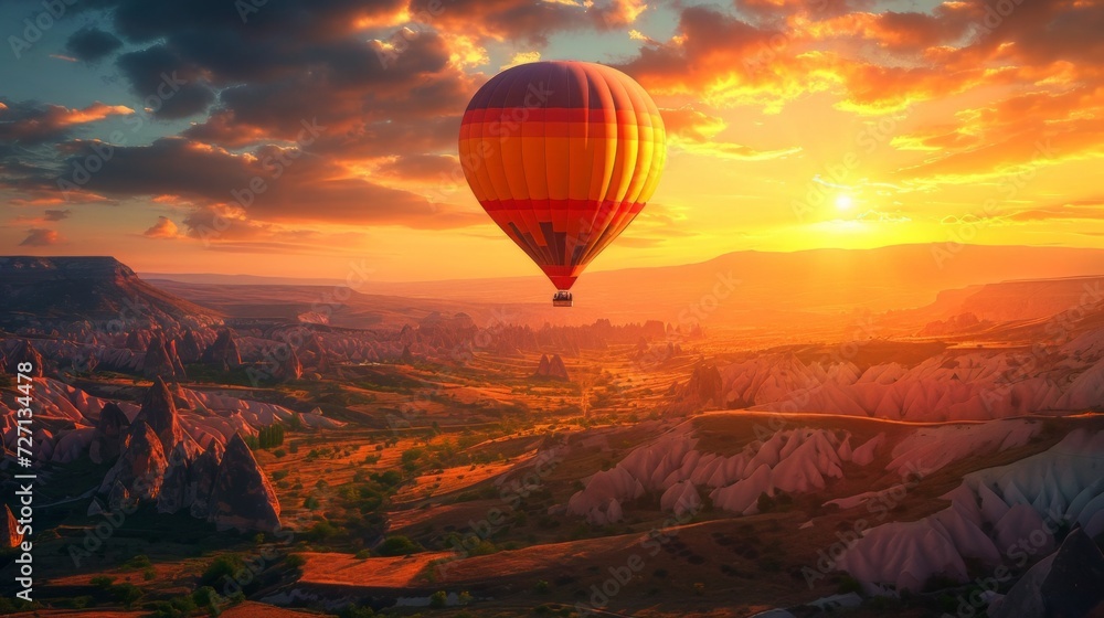Turkish mountainous landscape with a majestic hot air balloon soaring amidst the setting sun's golden glow, casting vibrant hues over the peaks Generative AI