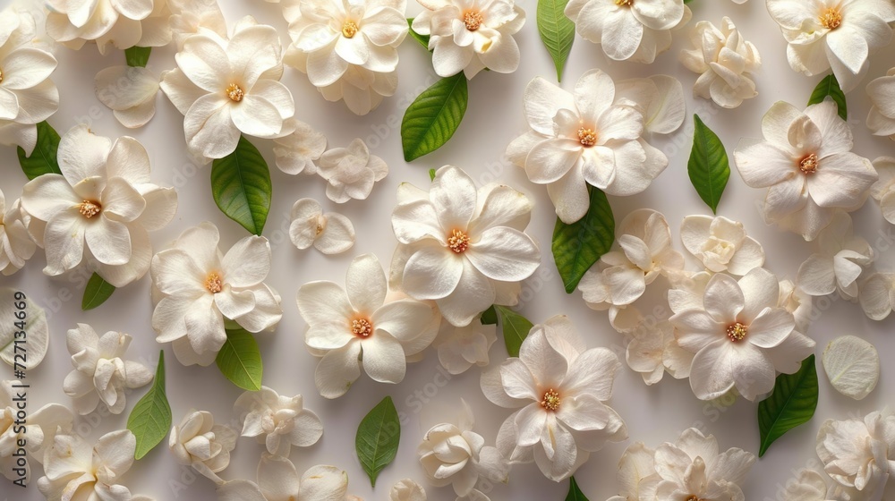 white flowers, many gardenia Flowers Floating in the air on a white background