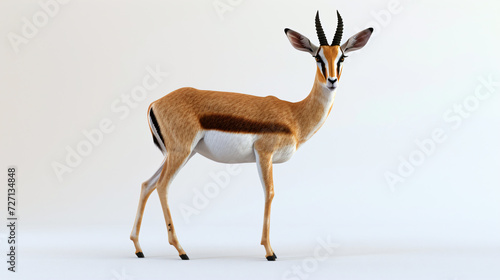 A mesmerizing art piece capturing the elegance of a gazelle in a stunning 3D style, beautifully rendered with exceptional detail. This graceful creature stands out against a pure white backg