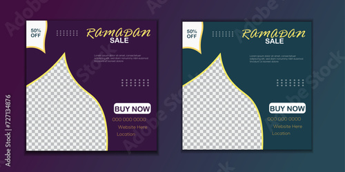 Fast food social media post design template for restaurant, Super Delicious biryani,
 Square banner with purple and green gradient background.
 Ramadan special biryani online sale promotion.