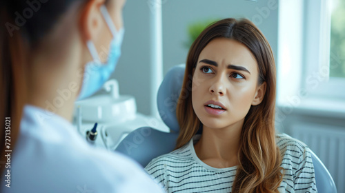 Young Woman with Toothache Talks to Her Dentist