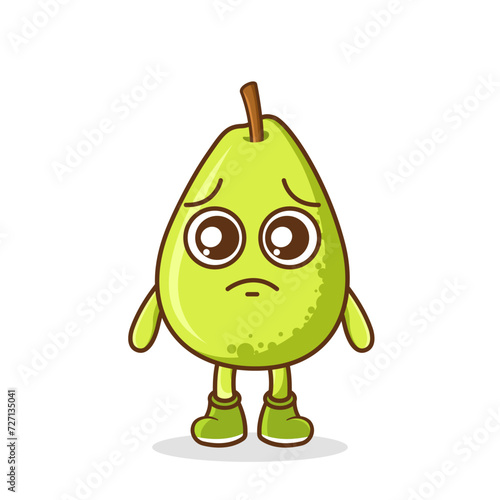 Cute sad pear fruit character, pear character with sad emotion, face, depressive eyes