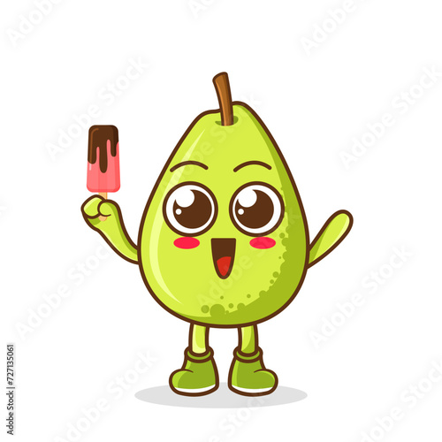Cute smiling cartoon style pear fruit character holding in hand ice cream, popsicle.