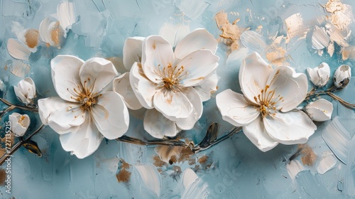 cherry blossom on wooden background, a set of white flowers painted on a blue background, in the style of soft and dreamy tones, light beige and gold, soft atmospheric photo