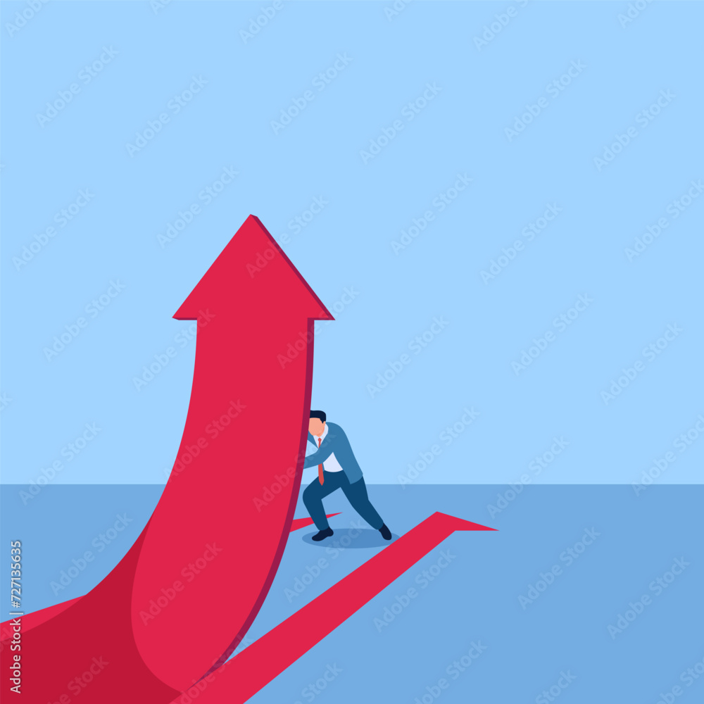 Man raising half arrow pointing upwards, metaphor for positive breakout stock. Simple flat conceptual illustration. Man raising half arrow pointing upwards, metaphor for positive breakout stock. Simple flat conceptual illustration.