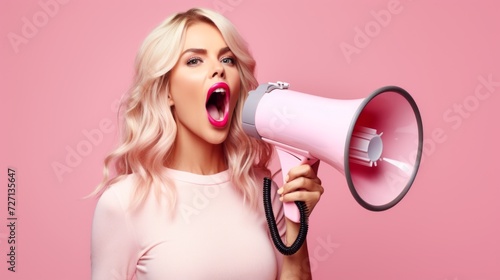 Close-up of a beautiful blonde woman screaming into a megaphone on a soft pink background. The concept of advertising, discounts in stores.