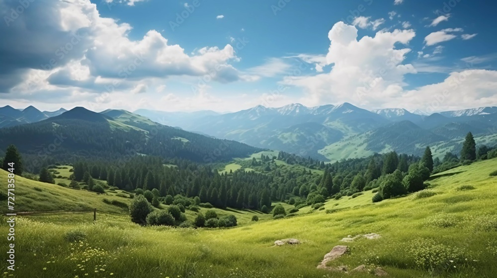 realistic photo of a beautiful summer afternoon in the mountains. trees on the hill with green leaves. sunny weather with fluffy clouds in the sky. generative ai realistic photo of a beautiful summer afternoon in the mountains. trees on the hill with green leaves. sunny weather with fluffy clouds in the sky. generative ai