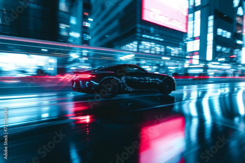 Car driving down the street at night.