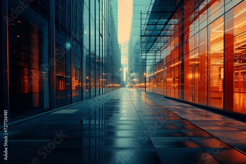 An empty city street with large buildings along the ground.