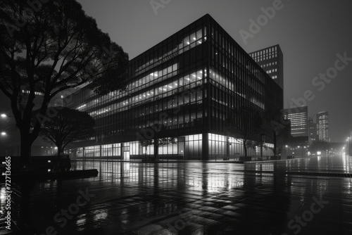 A night scene is shown with a modern building and glass lights.