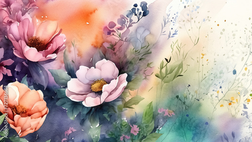 Delicate, colorful water-color wallpaper with beautiful spring flowers. Illustration 4K © Igor