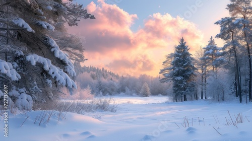 Winter landscape, a snowy valley beneath a blanket of twilight. Coniferous woods.  © DreamPointArt