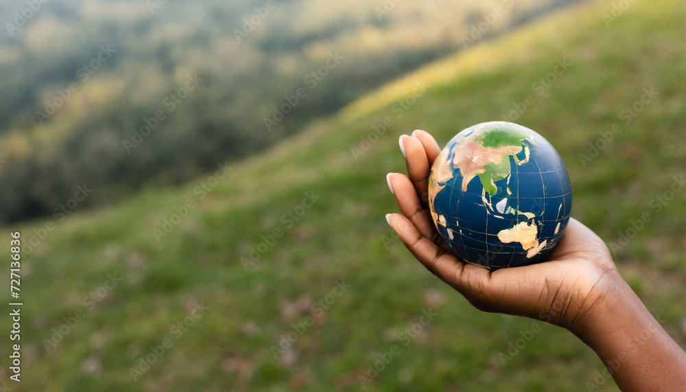 Top view of a human hand holding planet earth on a nature background Top view of a human hand holding planet earth on a nature background