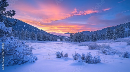 Winter landscape, a snowy valley beneath a blanket of twilight. Coniferous woods. 