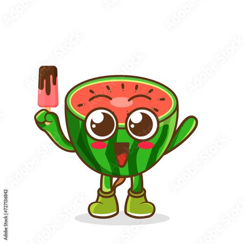 Cute smiling cartoon style watermelon fruit character holding in hand ice cream, popsicle.