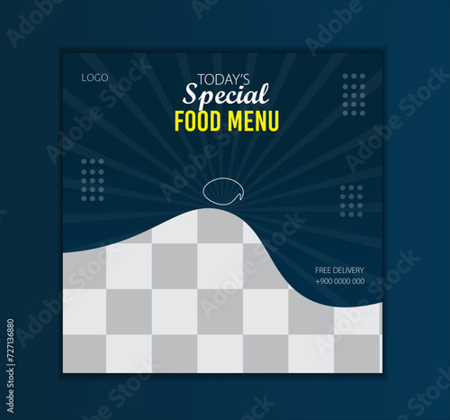 Fast food social media post design template for restaurant, Super Delicious biryani,
 Square banner with purple and green gradient background.
 Ramadan special biryani online sale promotion.