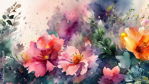 Delicate  colorful water-color wallpaper with beautiful spring flowers. Illustration 4K