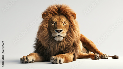 A stunningly realistic 3D rendering capturing the awe-inspiring elegance of a majestic lion. This powerful creature stands proudly against a pure white background, showcasing its intricate d © stocker