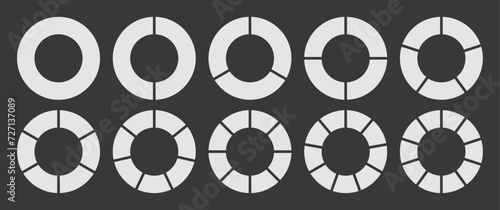 Circle divided into 1-10 parts in white color. Hollow circle segmented into 1-10 parts diagram graph icon set. Pie shape section chart in ten parts white color. Hollow circle divided in ten parts.